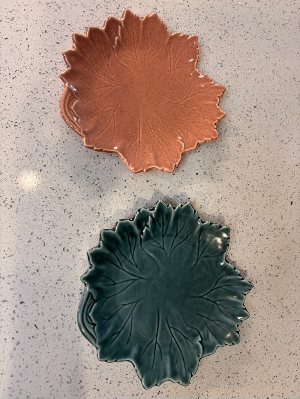 Woodfield by Steubenville Leaf Ceramic Plates in Teal and Salmon